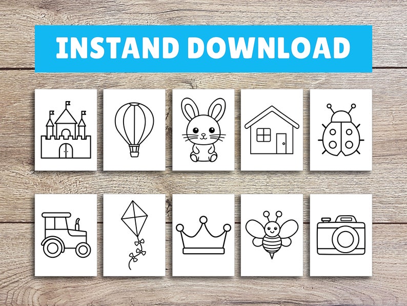 Puede incluir: Un conjunto de 10 p&aacute;ginas para colorear imprimibles en blanco y negro con ilustraciones simples de un castillo, un globo aerost&aacute;tico, un conejito, una casa, una mariquita, un tractor, una cometa, una corona, una abeja y una c&aacute;mara.