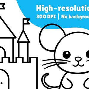 Puede incluir: Dibujo en blanco y negro de un castillo con un rat&oacute;n asom&aacute;ndose desde el lado derecho. El castillo tiene una torre alta y una puerta con dos puertas. El rat&oacute;n tiene orejas grandes, una nariz peque&ntilde;a y una sonrisa.