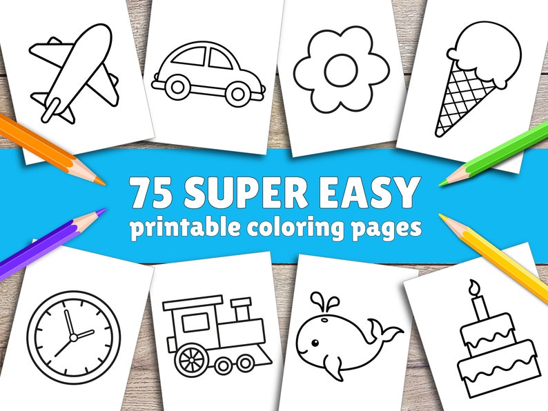 Puede incluir: 75 p&aacute;ginas para colorear s&uacute;per f&aacute;ciles de imprimir para ni&ntilde;os. Las p&aacute;ginas presentan contornos simples en blanco y negro de varios objetos, incluyendo un avi&oacute;n, un autom&oacute;vil, una flor, un cono de helado, un reloj, un tren, una ballena y un pastel.