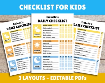 Kids Daily School Checklist Editable Chore Chart Printable Daily Routine Responsibility Chart Planner To Do List Editable Checklist for Kids