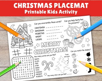 May include: A black and white printable Christmas placemat with activities for kids. The placemat features a word search, a maze, a connect-the-dots, and a shadow matching game. The placemat also includes the text "Merry Christmas!"