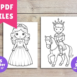 Puede incluir: Dos p&aacute;ginas para colorear imprimibles que representan a una princesa y un pr&iacute;ncipe en un caballo. La princesa lleva una corona y un vestido. El pr&iacute;ncipe lleva una corona y una capa. Ambas p&aacute;ginas est&aacute;n en blanco y negro.