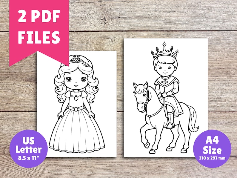 Puede incluir: Dos p&aacute;ginas para colorear imprimibles que representan a una princesa y un pr&iacute;ncipe en un caballo. La princesa lleva una corona y un vestido. El pr&iacute;ncipe lleva una corona y una capa. Ambas p&aacute;ginas est&aacute;n en blanco y negro.