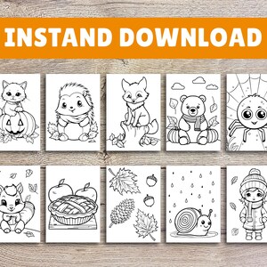 May include: A set of eight black and white coloring pages featuring various autumn-themed illustrations. The illustrations include a cat with a pumpkin, a hedgehog, a fox, a bear, a spider, a squirrel, a pie, and a snail.
