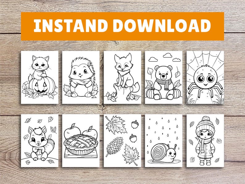 May include: A set of eight black and white coloring pages featuring various autumn-themed illustrations. The illustrations include a cat with a pumpkin, a hedgehog, a fox, a bear, a spider, a squirrel, a pie, and a snail.