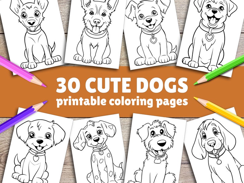 Puede incluir: 30 p&aacute;ginas para colorear imprimibles en blanco y negro con lindos perros de dibujos animados. Cada p&aacute;gina presenta una raza de perro diferente con una variedad de expresiones.