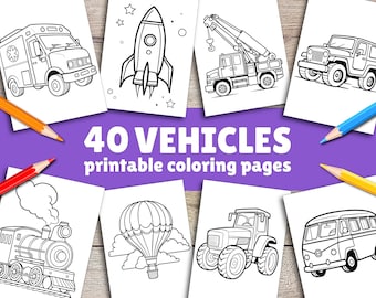 May include: A set of 40 printable coloring pages featuring various vehicles, including a rocket, ambulance, crane, jeep, hot air balloon, train, tractor, and a van. The pages are black and white and ready to be colored.