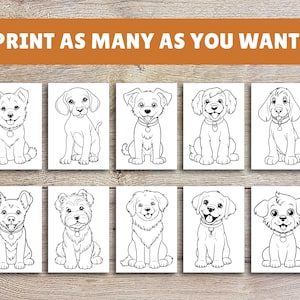 Puede incluir: Un conjunto de diez dibujos en blanco y negro de diferentes razas de perros. Cada imagen presenta un perro sentado con la lengua fuera. Las im&aacute;genes son aptas para colorear.