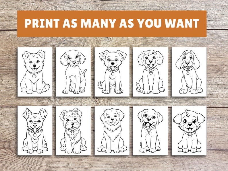 Puede incluir: Un conjunto de diez dibujos en blanco y negro de diferentes razas de perros. Cada imagen presenta un perro sentado con la lengua fuera. Las im&aacute;genes son aptas para colorear.