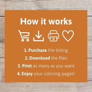 Puede incluir: Fondo naranja con texto blanco que dice "C&oacute;mo funciona". Se muestran cuatro iconos blancos: un carrito de compras, una flecha de descarga, una impresora y un coraz&oacute;n.  Debajo de los iconos hay cuatro pasos numerados: 1. Compra la lista, 2. Descarga los archivos, 3. Imprime tantos como quieras, 4. &iexcl;Disfruta de tus p&aacute;ginas para colorear!