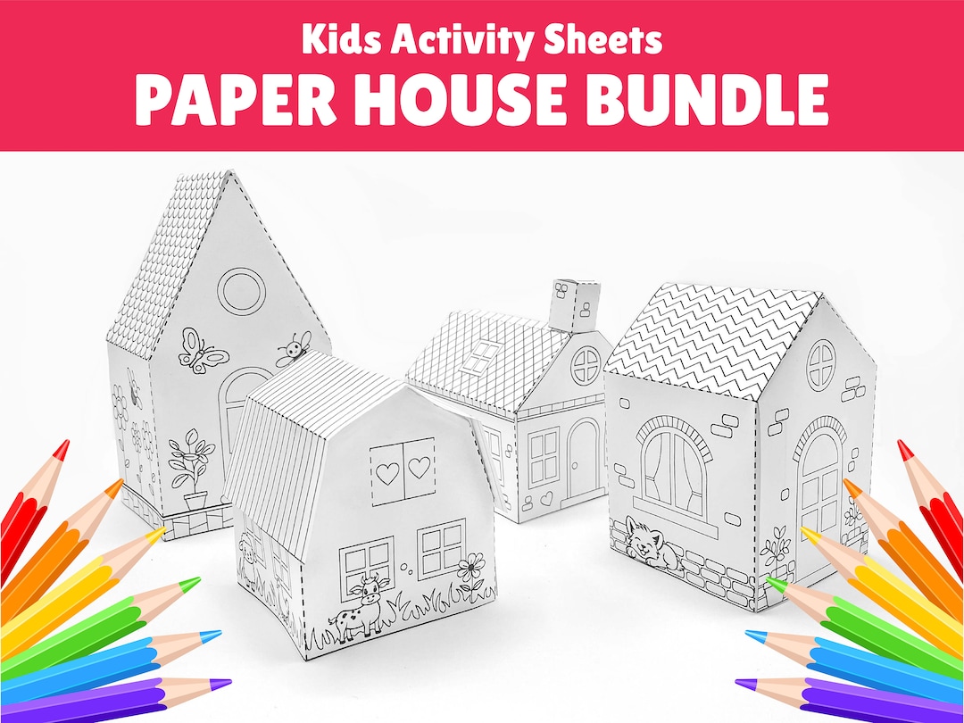 Paper Houses Printable Activity Sheets, Paper Craft Kit, Coloring House