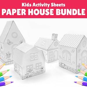 Fogli di attività stampabili Case di carta, kit di artigianato con la carta, download istantaneo della casa da colorare, taglia e crea divertenti attività di arti e mestieri per i bambini