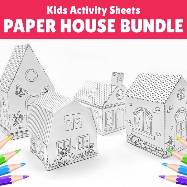 Feuilles d'activités imprimables Maisons en papier, kit de créations manuelles en papier, Maison à colorier à téléchargement immédiat, découpez et créez une activité d'art et d'artisanat amusante pour les enfants