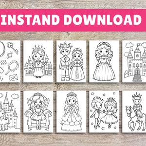 Puede incluir: Un conjunto de ocho p&aacute;ginas para colorear imprimibles en blanco y negro con un tema de princesa y pr&iacute;ncipe. Las p&aacute;ginas incluyen im&aacute;genes de una princesa y un pr&iacute;ncipe, un castillo, un unicornio y una corona.