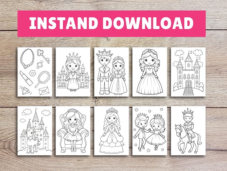 Puede incluir: Un conjunto de ocho p&aacute;ginas para colorear imprimibles en blanco y negro con un tema de princesa y pr&iacute;ncipe. Las p&aacute;ginas incluyen im&aacute;genes de una princesa y un pr&iacute;ncipe, un castillo, un unicornio y una corona.