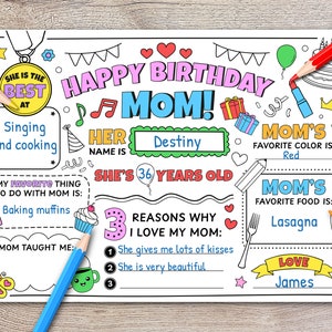 May include: A printable coloring page for a mom's birthday. The page features a colorful design with the text "Happy Birthday Mom!" and includes space to fill in the mom's name, age, favorite color, and favorite food. The page also includes a section for the child to write three reasons why they love their mom.