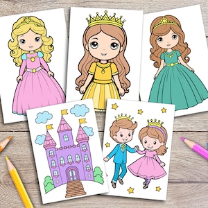 Puede incluir: Cinco p&aacute;ginas para colorear imprimibles que representan un castillo, un pr&iacute;ncipe, una princesa y dos princesas. El castillo es morado con banderas amarillas. El pr&iacute;ncipe lleva un traje azul y una corona dorada. Las princesas llevan vestidos rosas, amarillos y verdes con coronas doradas.