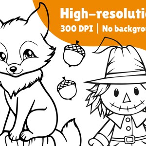 May include: Black and white line art illustration of a fox and a scarecrow. The fox is sitting on a rock and the scarecrow is standing with its arms outstretched. There are acorns scattered around them.