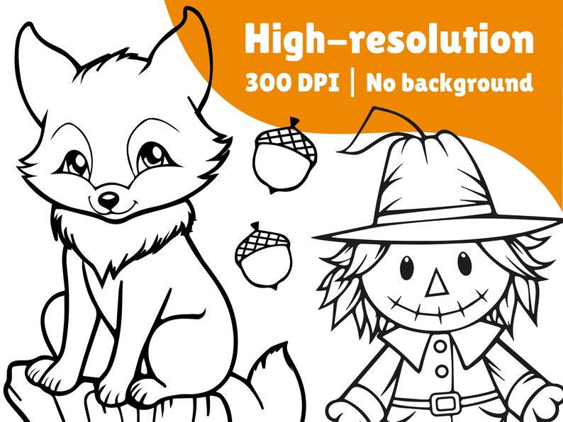 May include: Black and white line art illustration of a fox and a scarecrow. The fox is sitting on a rock and the scarecrow is standing with its arms outstretched. There are acorns scattered around them.