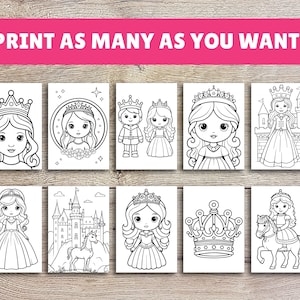 Puede incluir: Un conjunto de p&aacute;ginas para colorear imprimibles con princesas, pr&iacute;ncipes, castillos y unicornios. Las p&aacute;ginas son en blanco y negro y est&aacute;n listas para colorear.