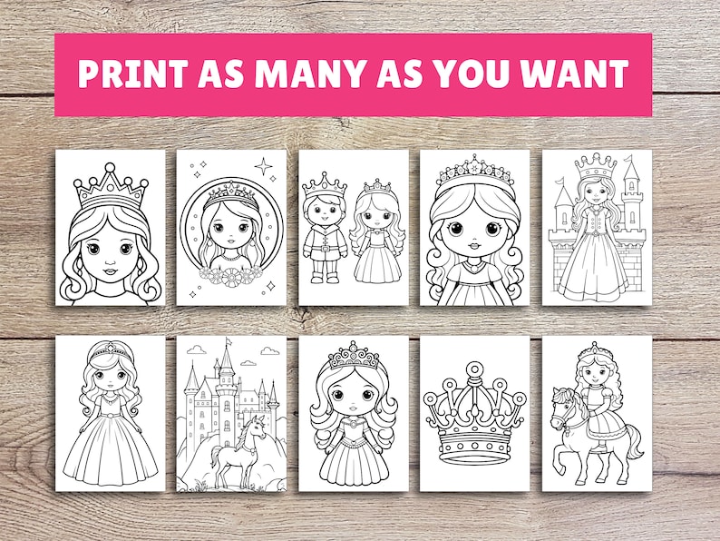 Puede incluir: Un conjunto de p&aacute;ginas para colorear imprimibles con princesas, pr&iacute;ncipes, castillos y unicornios. Las p&aacute;ginas son en blanco y negro y est&aacute;n listas para colorear.