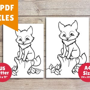 May include: Two printable coloring pages featuring a black and white line drawing of a fox sitting on a tree stump. The fox has large ears and a bushy tail. The pages are sized for US Letter (8.5 x 11 inches) and A4 (210 x 297 mm).