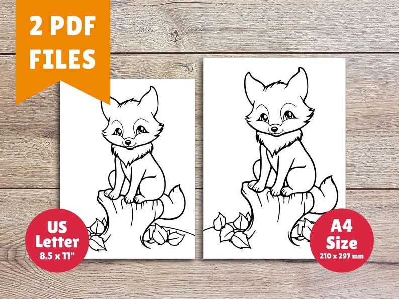 May include: Two printable coloring pages featuring a black and white line drawing of a fox sitting on a tree stump. The fox has large ears and a bushy tail. The pages are sized for US Letter (8.5 x 11 inches) and A4 (210 x 297 mm).