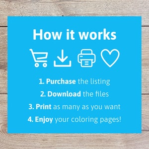 Puede incluir: Un cuadrado azul con texto blanco e iconos que explican c&oacute;mo comprar, descargar, imprimir y disfrutar de p&aacute;ginas para colorear. El texto dice "C&oacute;mo funciona" e incluye los pasos: 1. Comprar la lista, 2. Descargar los archivos, 3. Imprimir tantas como quieras, 4. &iexcl;Disfruta de tus p&aacute;ginas para colorear!