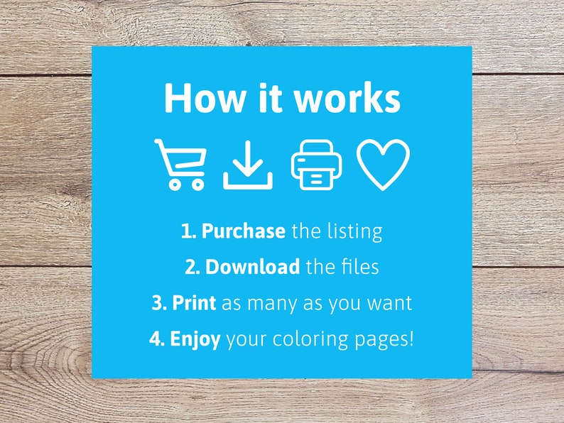 Puede incluir: Un cuadrado azul con texto blanco e iconos que explican c&oacute;mo comprar, descargar, imprimir y disfrutar de p&aacute;ginas para colorear. El texto dice "C&oacute;mo funciona" e incluye los pasos: 1. Comprar la lista, 2. Descargar los archivos, 3. Imprimir tantas como quieras, 4. &iexcl;Disfruta de tus p&aacute;ginas para colorear!