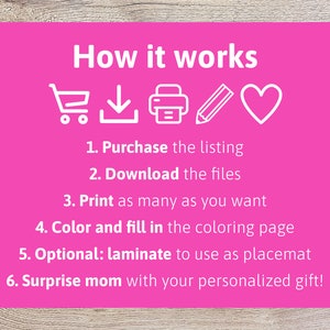 May include: Pink graphic with white icons and text explaining how to use a printable coloring page. The icons show a shopping cart, a download arrow, a printer, a pencil, and a heart. The text reads: "How it works", "1. Purchase the listing", "2. Download the files", "3. Print as many as you want", "4. Color and fill in the coloring page", "5. Optional: laminate to use as placemat", "6. Surprise mom with your personalized gift!"