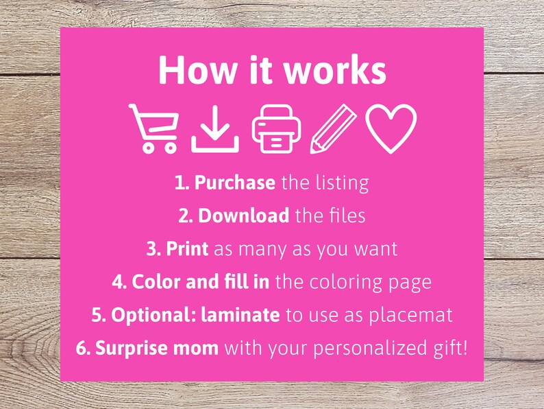 May include: Pink graphic with white icons and text explaining how to use a printable coloring page. The icons show a shopping cart, a download arrow, a printer, a pencil, and a heart. The text reads: "How it works", "1. Purchase the listing", "2. Download the files", "3. Print as many as you want", "4. Color and fill in the coloring page", "5. Optional: laminate to use as placemat", "6. Surprise mom with your personalized gift!"