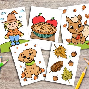 May include: Five coloring pages featuring fall themes. The pages include a scarecrow, a pumpkin pie, a squirrel, a puppy, and a collection of fall leaves and acorns.