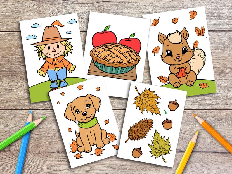 May include: Five coloring pages featuring fall themes. The pages include a scarecrow, a pumpkin pie, a squirrel, a puppy, and a collection of fall leaves and acorns.