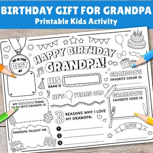 Gelukkige verjaardag opa kleurplaat afdrukbaar Alles over opa Vul de verjaardagsactiviteit van opa in Gelukkige verjaardag kleurplaat Placemat Kids