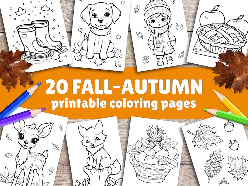 May include: 20 printable coloring pages featuring fall and autumn themes. Images include a deer, fox, dog, girl wearing a hat and coat, a pie, a basket of fruit, and leaves.
