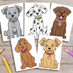 Puede incluir: Cinco dibujos en blanco y negro de cachorros en papel blanco. Los cachorros est&aacute;n sentados y mirando hacia arriba. Los cachorros son de diferentes razas.