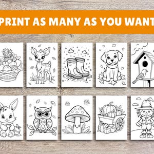 May include: A set of 10 printable coloring pages featuring various autumn-themed illustrations, including a deer, a dog, a birdhouse, a mushroom, a pumpkin, a scarecrow, a bunny, a basket of fruit, and a pair of rain boots.  The text "PRINT AS MANY AS YOU WANT" is displayed at the top of the image.