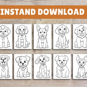 Puede incluir: Un conjunto de diez dibujos en blanco y negro de diferentes razas de perros. Cada perro est&aacute; sentado y mirando hacia adelante. Los dibujos est&aacute;n sobre un fondo blanco.