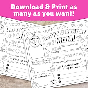 May include: A printable coloring page for Mother's Day or a birthday. It features a black and white illustration of a cake, presents, a crown, a lipstick, a fork, and a cup of coffee. The text says "Happy Birthday Mom!" and includes space to write in Mom's name, age, favorite color, and favorite food. It also includes space to write three reasons why you love your mom and what she has taught you.