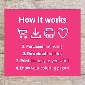 Puede incluir: Gr&aacute;fico rosa con iconos blancos y texto que explica c&oacute;mo comprar, descargar, imprimir y disfrutar de las p&aacute;ginas para colorear. Los iconos incluyen un carrito de compras, una flecha de descarga, una impresora y un coraz&oacute;n.