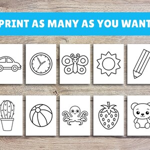 Puede incluir: Un conjunto de 10 p&aacute;ginas para colorear imprimibles que presentan ilustraciones simples en blanco y negro de varios objetos, incluyendo un coche, un reloj, una mariposa, un sol, un l&aacute;piz, un cactus, una pelota de playa, un pulpo, una fresa y un osito de peluche. El texto "IMPRIME TODO LO QUE QUIERAS" est&aacute; en la parte superior de la imagen.