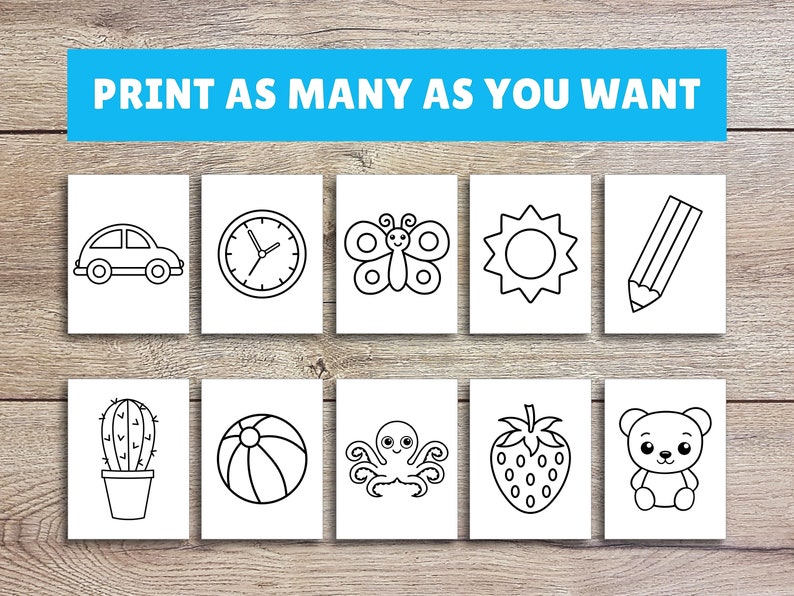 Puede incluir: Un conjunto de 10 p&aacute;ginas para colorear imprimibles que presentan ilustraciones simples en blanco y negro de varios objetos, incluyendo un coche, un reloj, una mariposa, un sol, un l&aacute;piz, un cactus, una pelota de playa, un pulpo, una fresa y un osito de peluche. El texto "IMPRIME TODO LO QUE QUIERAS" est&aacute; en la parte superior de la imagen.