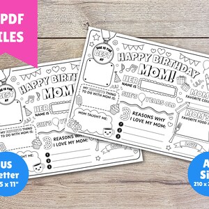 May include: Two printable coloring pages for Mother's Day or a birthday. The pages feature a black and white illustration of a medal with the text "She is the best at" and the text "Happy Birthday Mom!" with various illustrations of hearts, musical notes, cupcakes, and other celebratory items. The pages include prompts for the user to fill in information about the mom, such as her name, age, favorite color, and favorite food. The pages are designed to be printed on 8.5 x 11 inch paper or A4 paper.