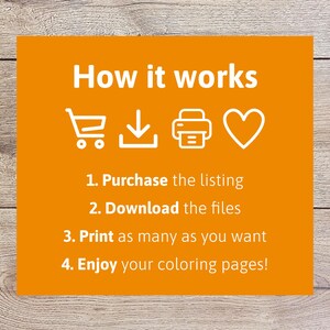 May include: Orange background with white text that reads "How it works".  Four icons are shown: a shopping cart, a download arrow, a printer, and a heart.  Below the icons, four steps are listed: 1. Purchase the listing, 2. Download the files, 3. Print as many as you want, 4. Enjoy your coloring pages!