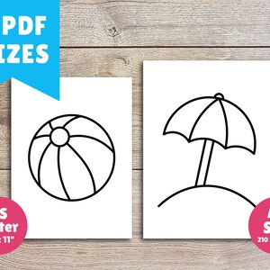 Puede incluir: Dos p&aacute;ginas para colorear imprimibles, una con una pelota de playa y la otra con una sombrilla de playa. Las p&aacute;ginas est&aacute;n dise&ntilde;adas para los tama&ntilde;os de papel US Letter (8,5 x 11 pulgadas) y A4 (210 x 297 mm).