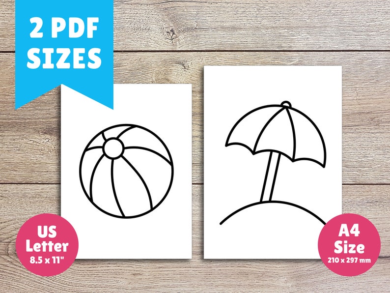 Puede incluir: Dos p&aacute;ginas para colorear imprimibles, una con una pelota de playa y la otra con una sombrilla de playa. Las p&aacute;ginas est&aacute;n dise&ntilde;adas para los tama&ntilde;os de papel US Letter (8,5 x 11 pulgadas) y A4 (210 x 297 mm).