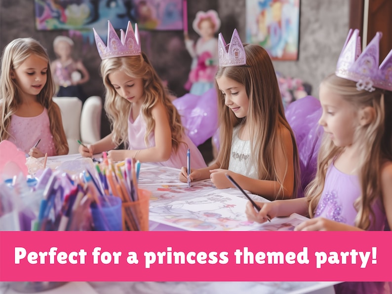 Puede incluir: Cuatro ni&ntilde;as con coronas de princesa est&aacute;n sentadas en una mesa dibujando con l&aacute;pices de colores. La mesa est&aacute; cubierta con un mantel morado y hay varios recipientes de l&aacute;pices de colores sobre la mesa.
