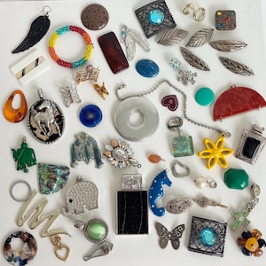 May include: A collection of various jewelry pieces, including pendants, earrings, and charms. The assortment features diverse shapes, colors, and materials, such as a silver horse pendant, a beaded bracelet, and a blue seahorse charm. The jewelry is arranged on a white surface.