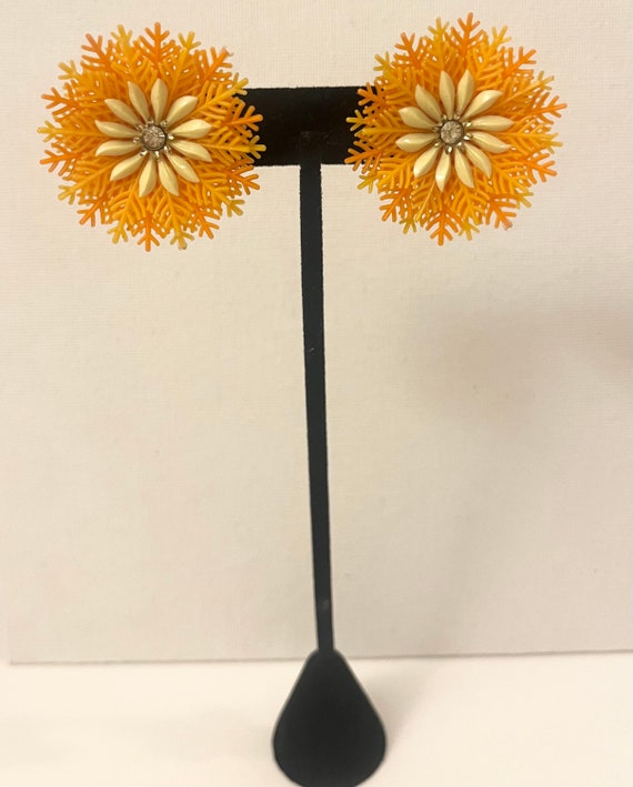 Coro Orange Flower Clip On Earrings