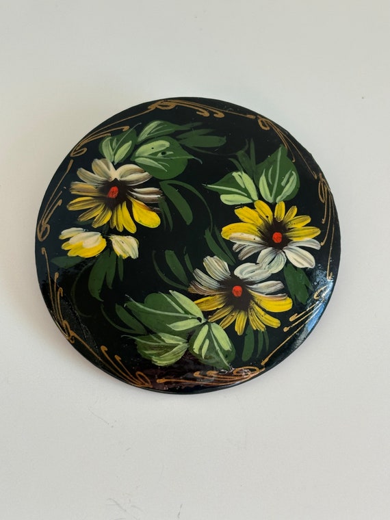 Hand Painted Lacquer Flower Brooch Signed